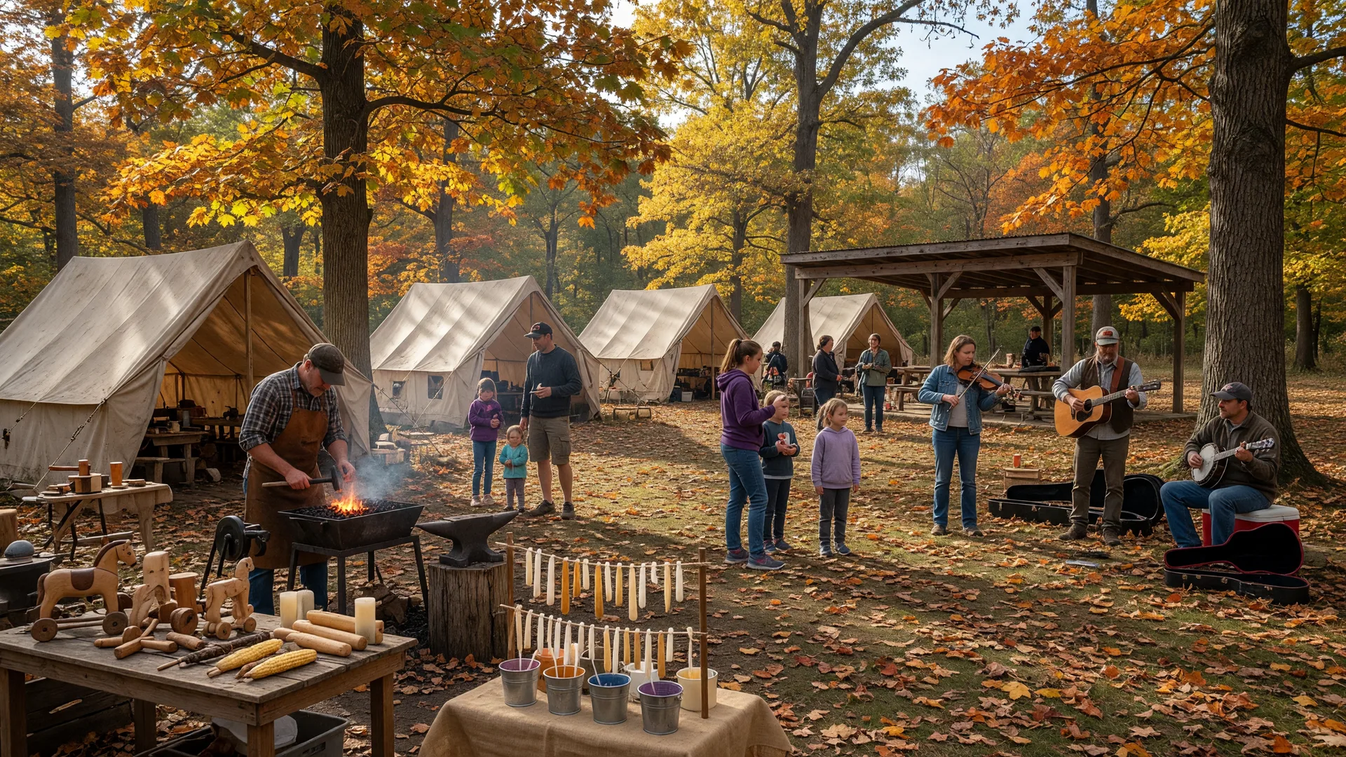 Pioneer-style craft tents set up under tall autumn trees in a wooded meadow with a blacksmith workstation nearby