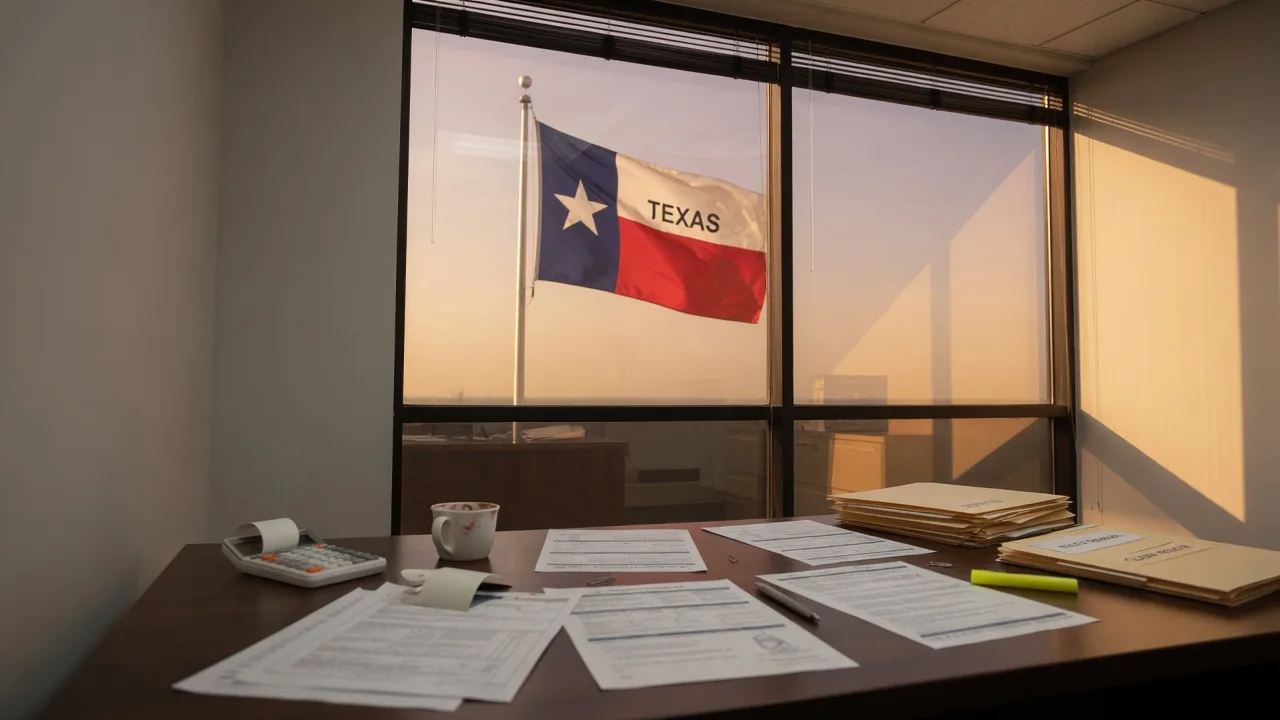 Commercial office desk with insurance documents and calculator in foreground, Texas flag visible through window