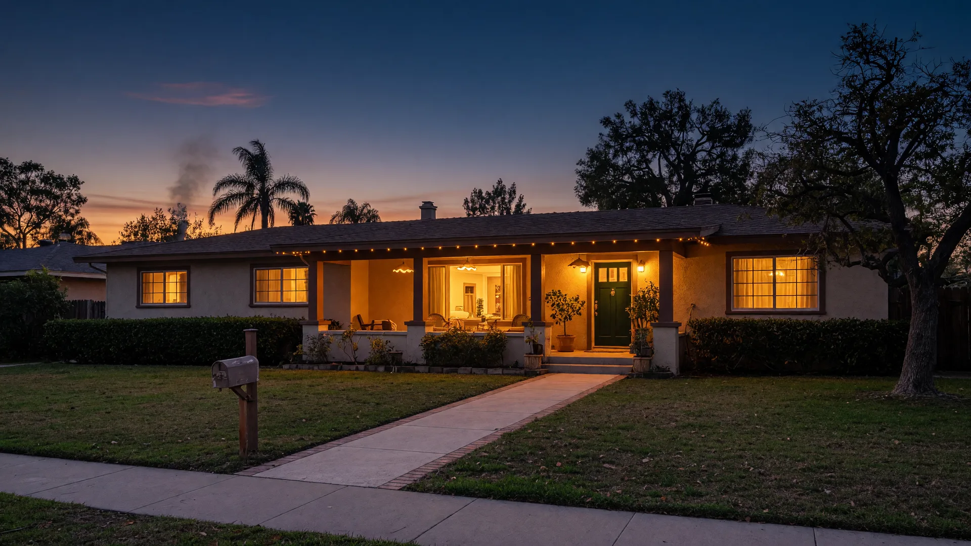 Single-story Southern California ranch home with a glowing front porch and level walkway at dusk
