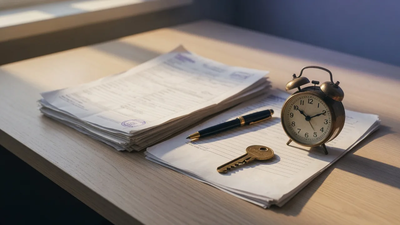 A brass house key and a small round alarm clock resting on a folded stack of plain real estate documents on a wooden desk in warm afternoon light, representing a distressed sale sold before the auction date