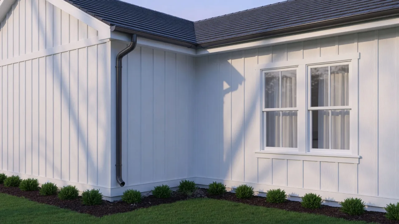 The corner of a well-maintained modern house in soft morning light, clean white siding, a neat roofline with a new gutter, and a precisely trimmed window