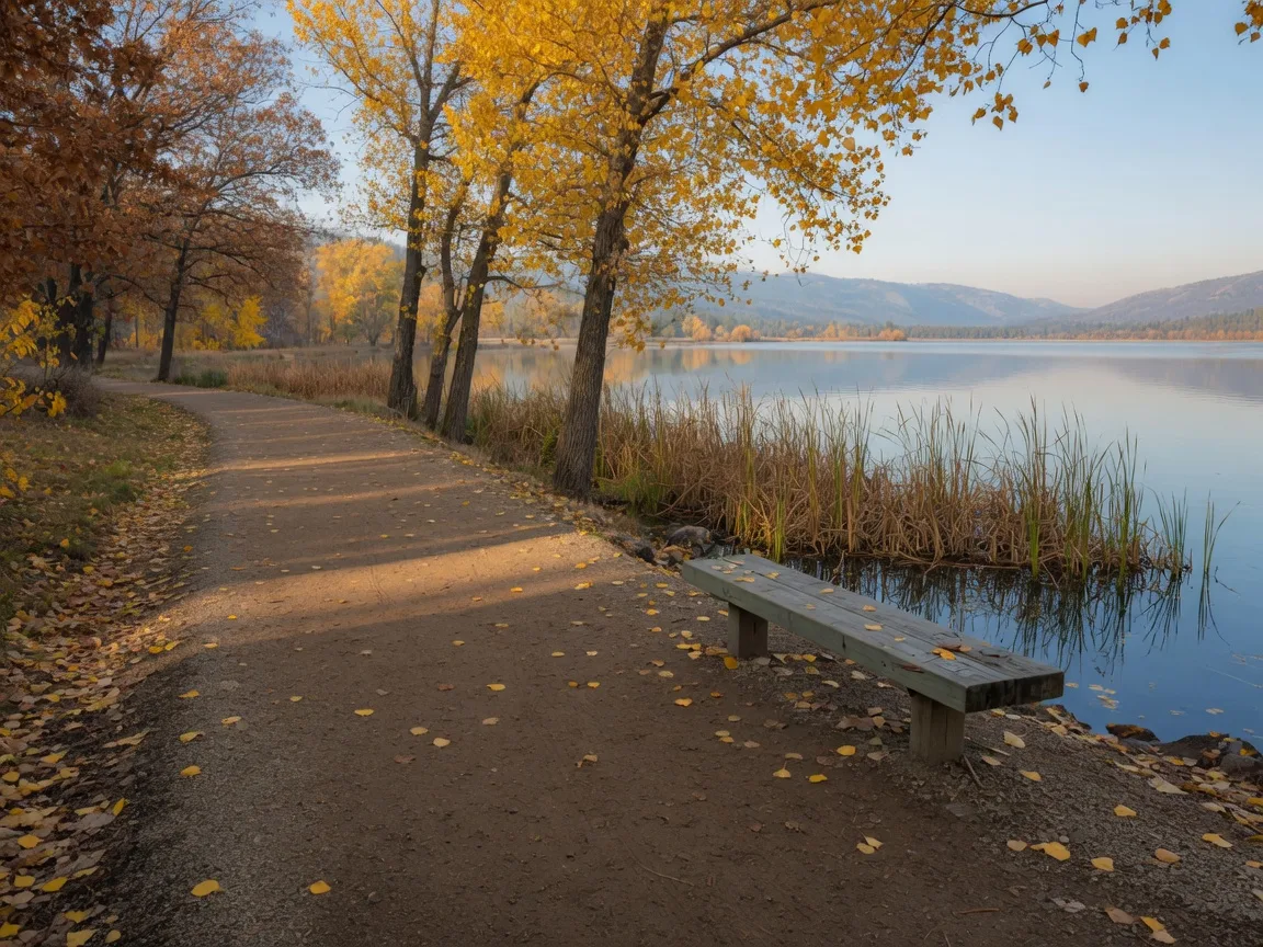 The flat packed-earth lakeside walking path around Lake Yosemite in Merced County on a clear October morning, the trail curving along the water under golden cottonwood and oak trees, a weathered wooden bench overlooking the calm lake, autumn leaves on the path, and the hazy Sierra foothills on the horizon