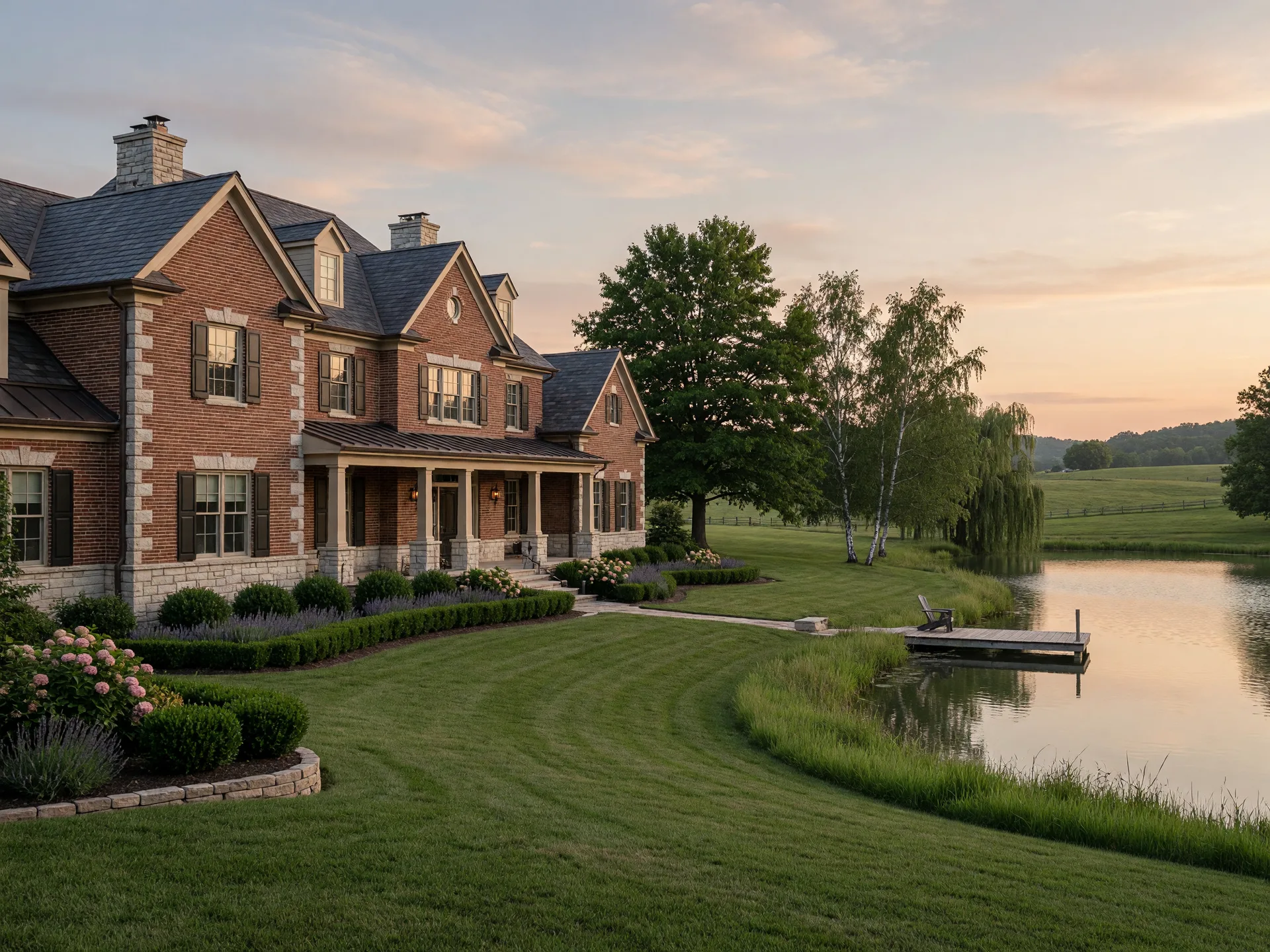 A stately brick and stone custom home on a wide landscaped lot with a calm pond and greenbelt behind it
