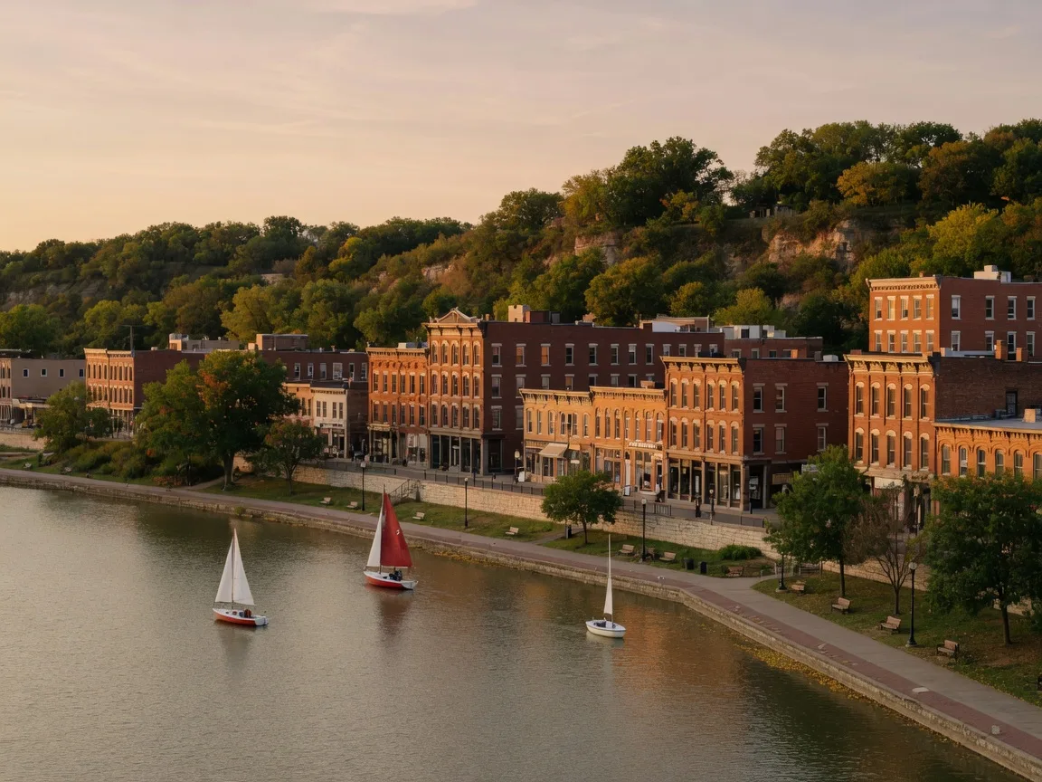 Peoria's riverfront and downtown at golden hour along the Illinois River