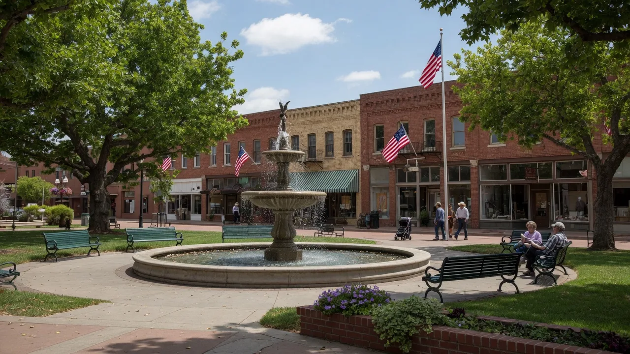 Lincoln California historic downtown Beermann Plaza with fountain, red brick storefronts, and mature shade trees