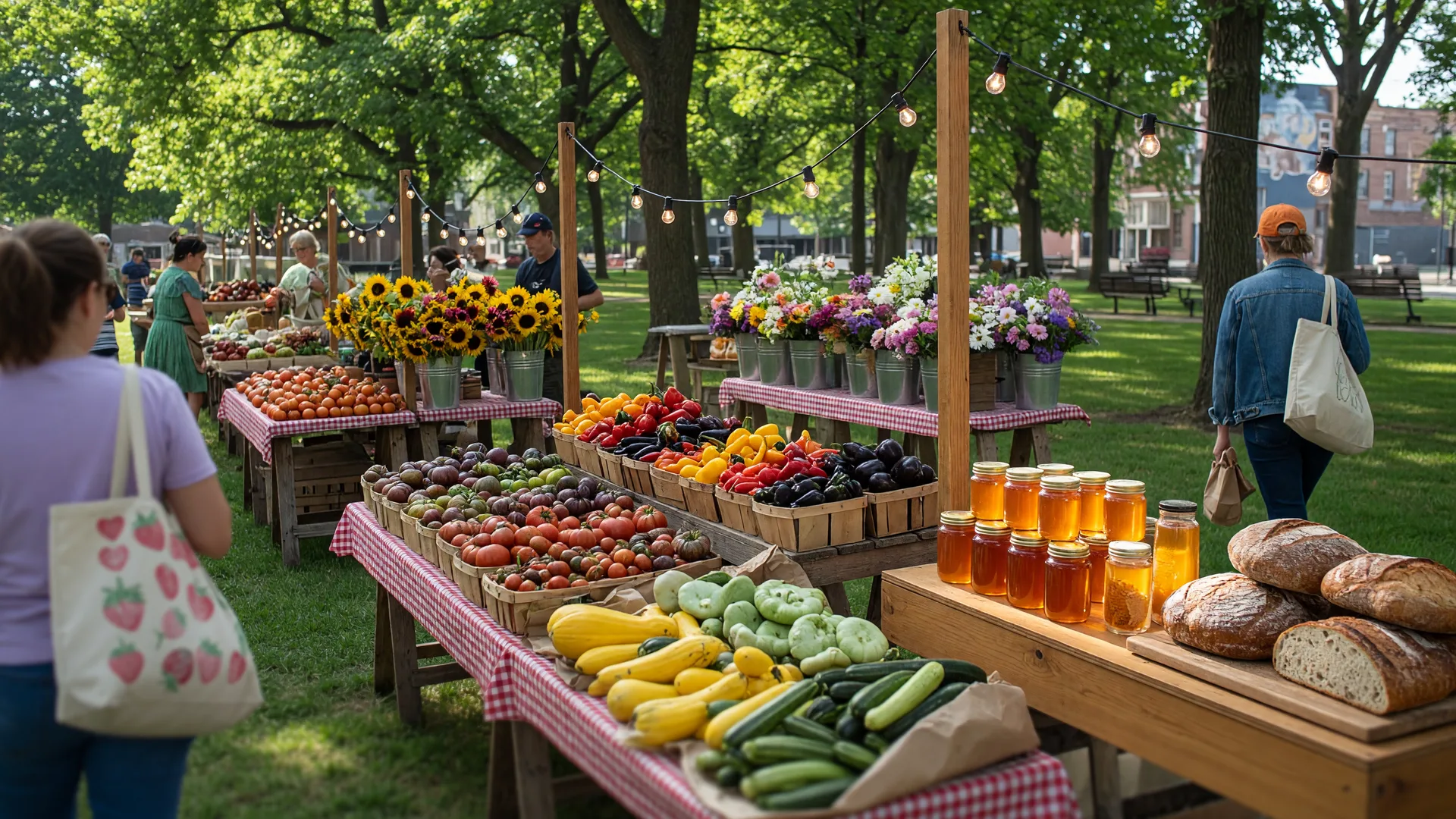 Sunny Saturday farmers market in a downtown Minnesota park with wooden stalls of produce, bread, honey, and sunflowers