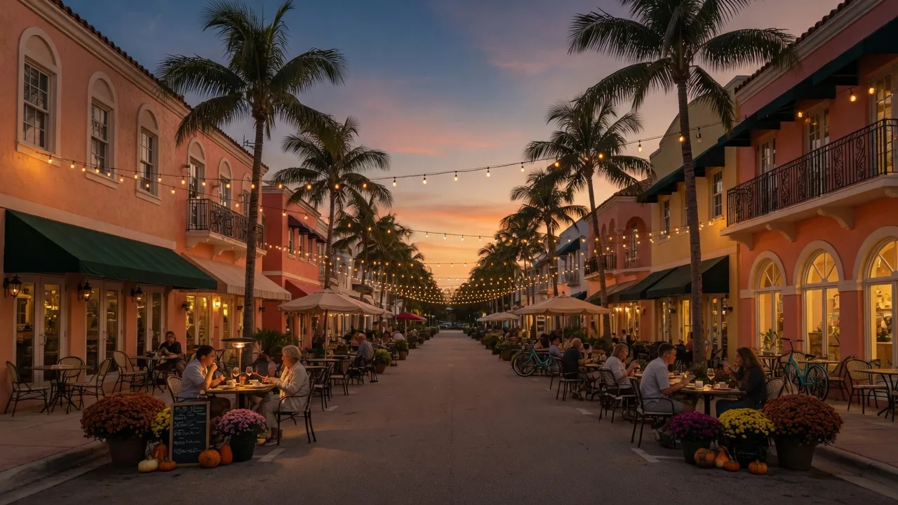 Downtown Delray Beach Atlantic Avenue at dusk with string lights glowing over Mediterranean storefronts, palm trees, sidewalk cafes, and early fall mums and pumpkins in planters