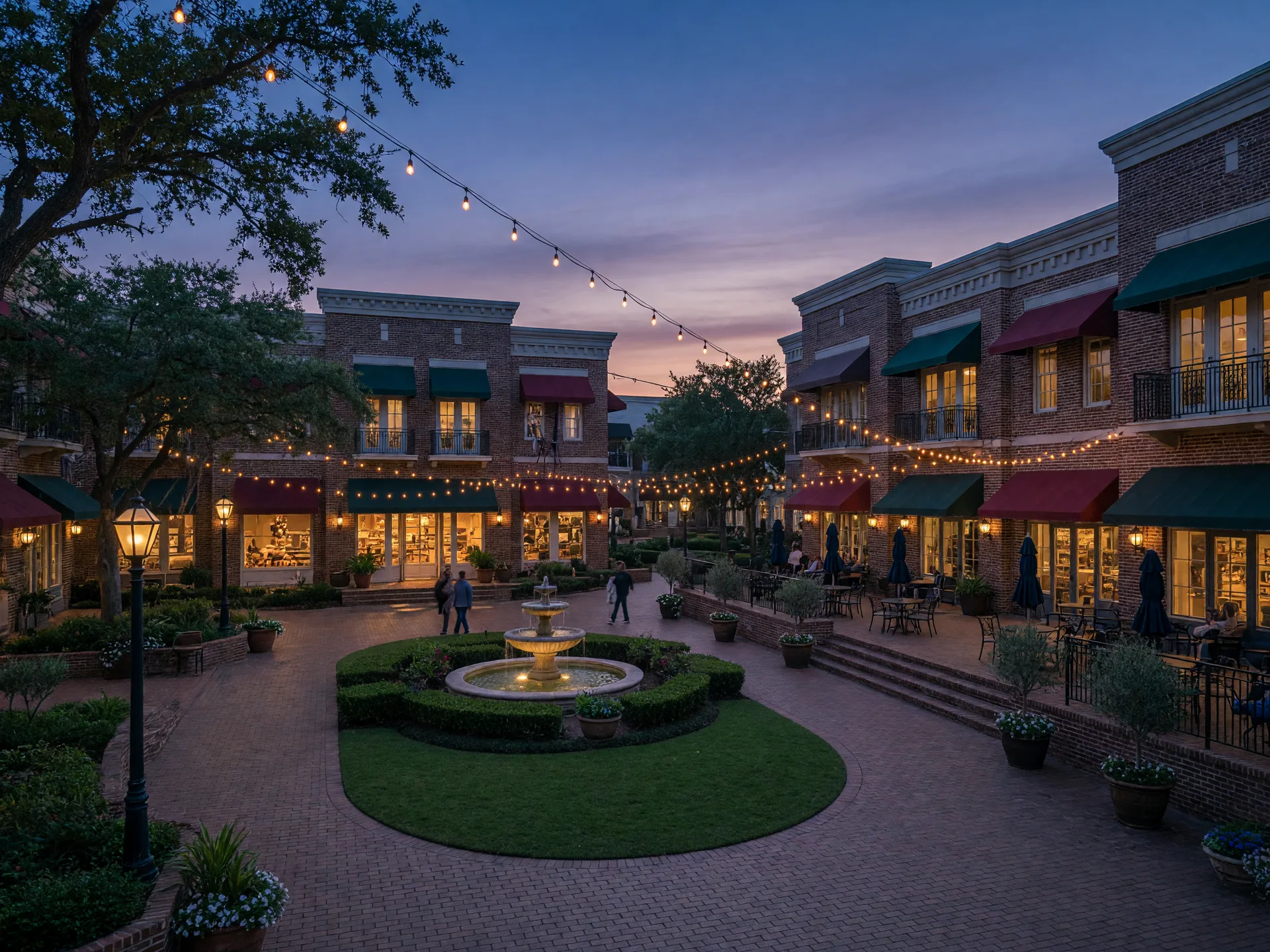 The walkable Village Center town square in Westhaven, Franklin, Tennessee at dusk