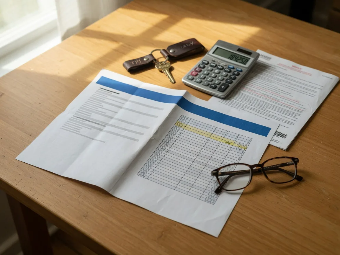 Flat-lay of a Texas appraisal district tax notice on a warm wooden desk next to a pocket calculator, reading glasses, and a brass house key