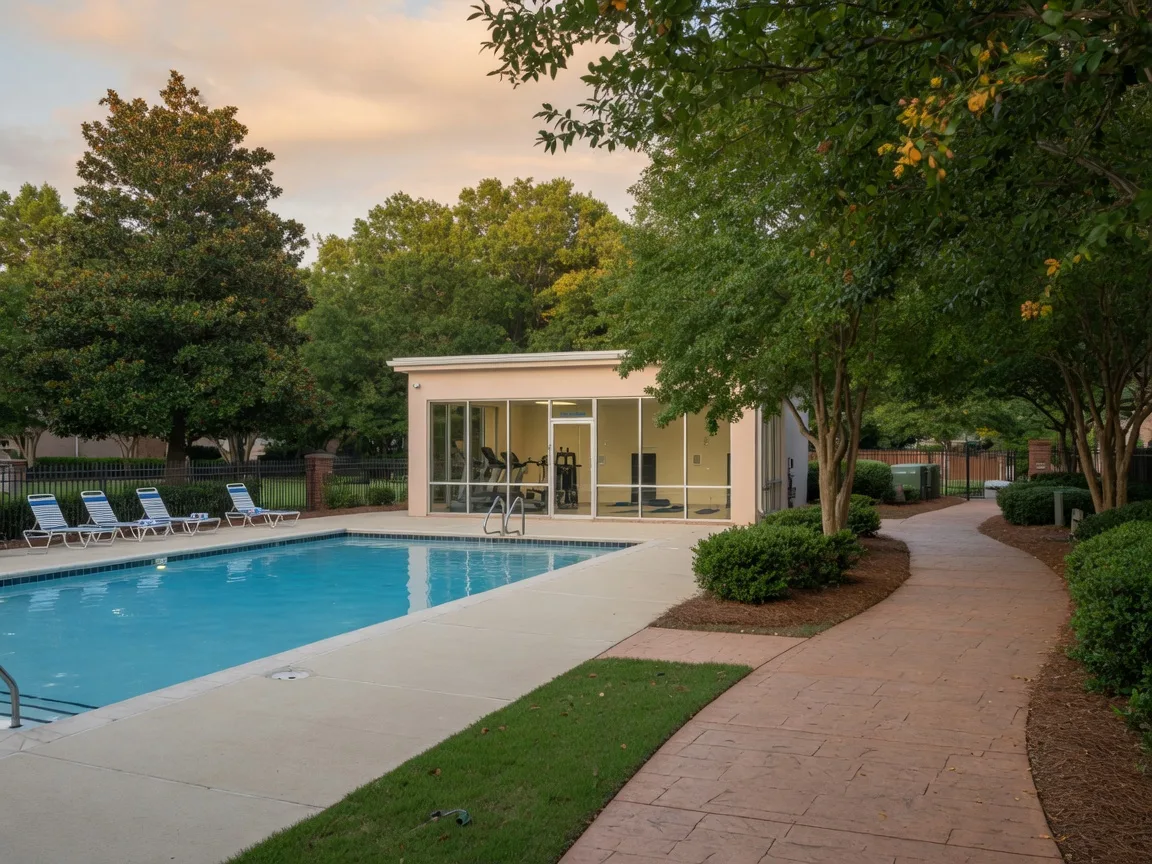 A leafy community pool and fitness building with concrete lounge area and a paved walking path under mature trees
