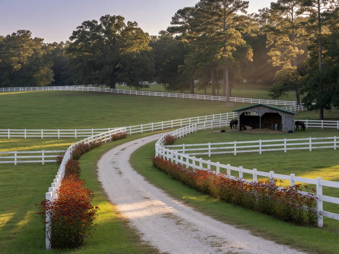 Scenic Aiken horse country landscape in late summer with green pastures, white board fencing, and mature trees under warm afternoon light