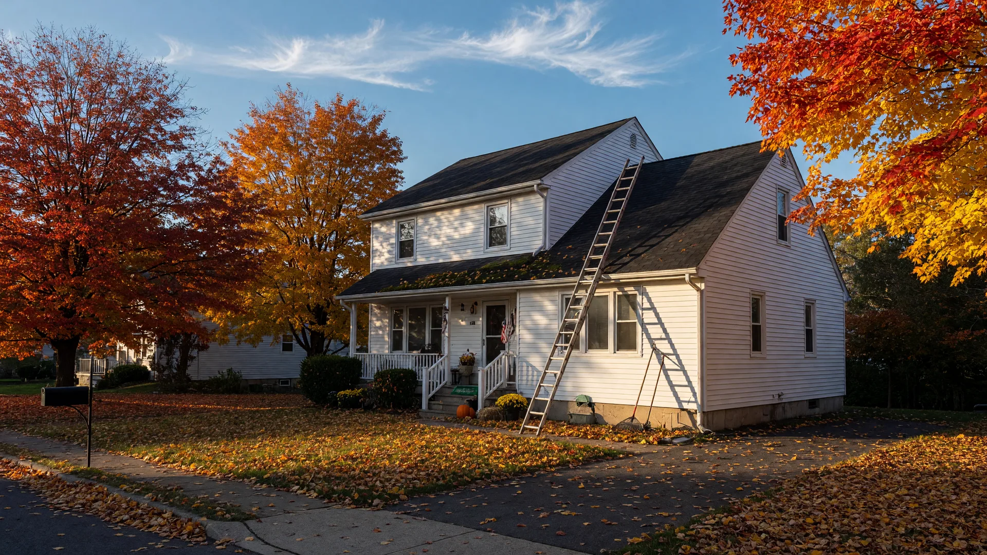 A classic Lehigh Valley suburban home on a crisp October morning with golden and crimson maple leaves across the lawn, a ladder near the roofline, and peak fall color framing the yard