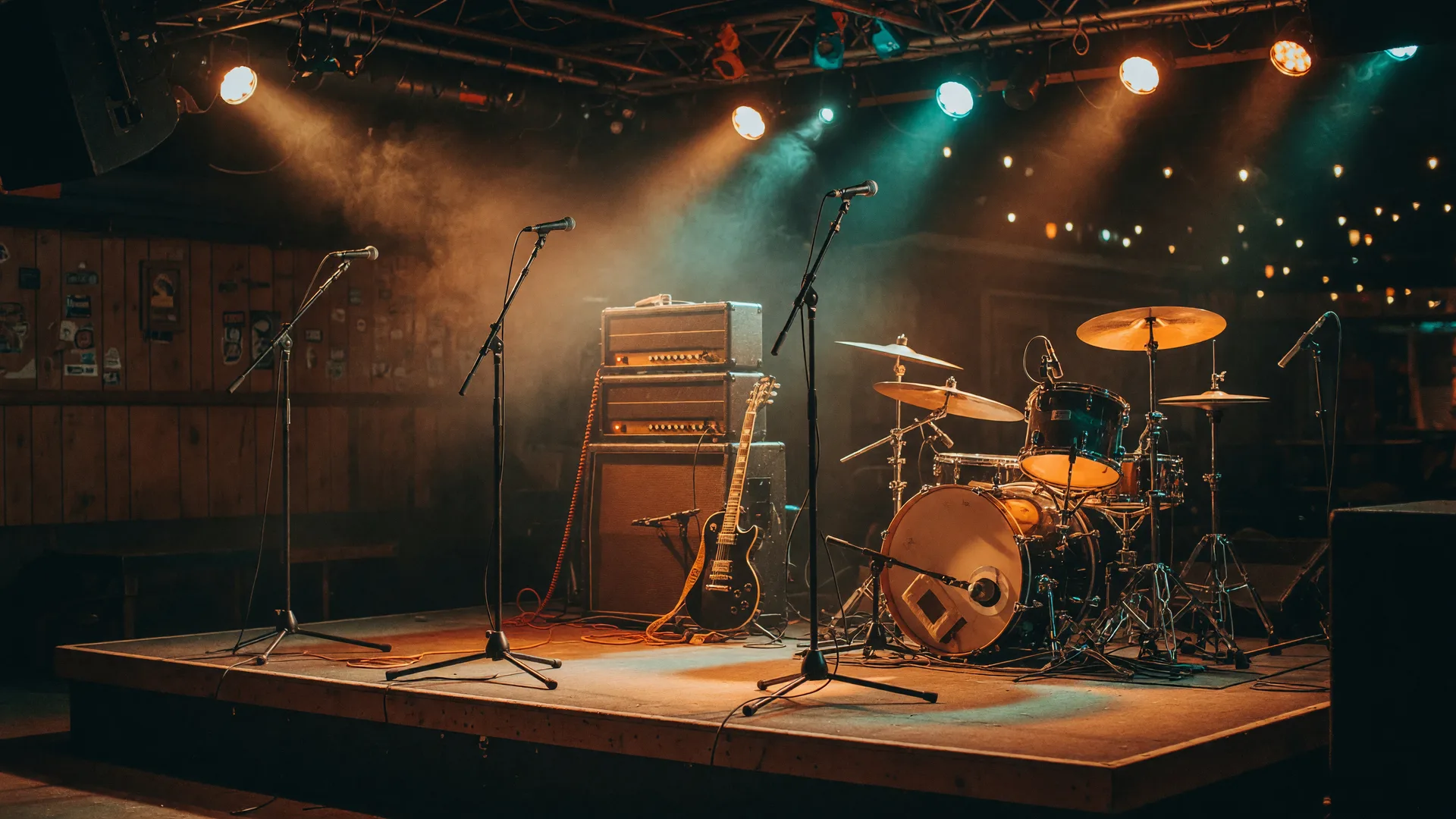 A southern rock venue stage at night with guitar amps, a rim-lit drum kit, three microphone stands in a row, and warm amber and teal stage lighting