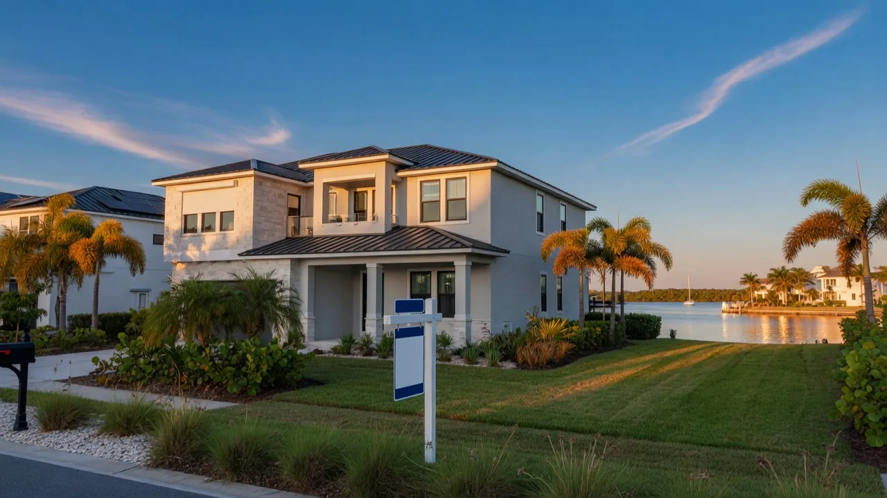 A modern, hurricane-hardened Florida home with impact windows and a For Sale sign at golden hour