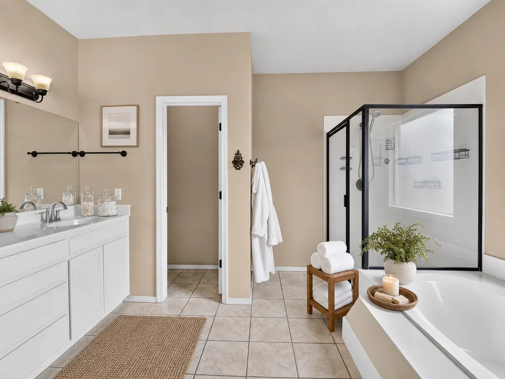 Primary bathroom, virtually staged with spa-style towels and decor
