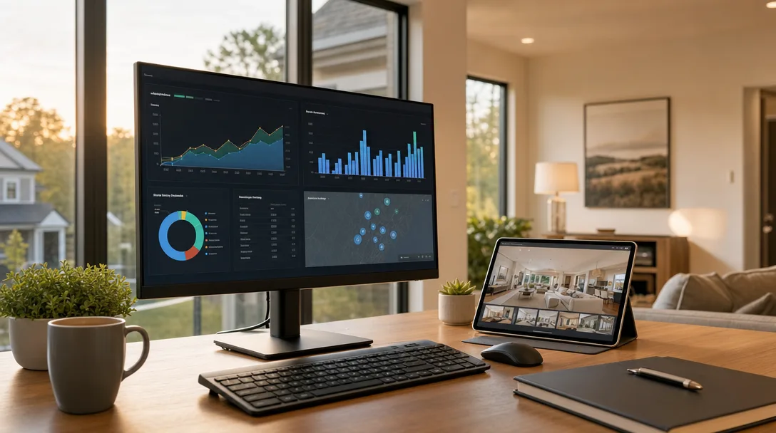 Modern smart home office with AI-powered real estate analytics and 3D virtual tour technology