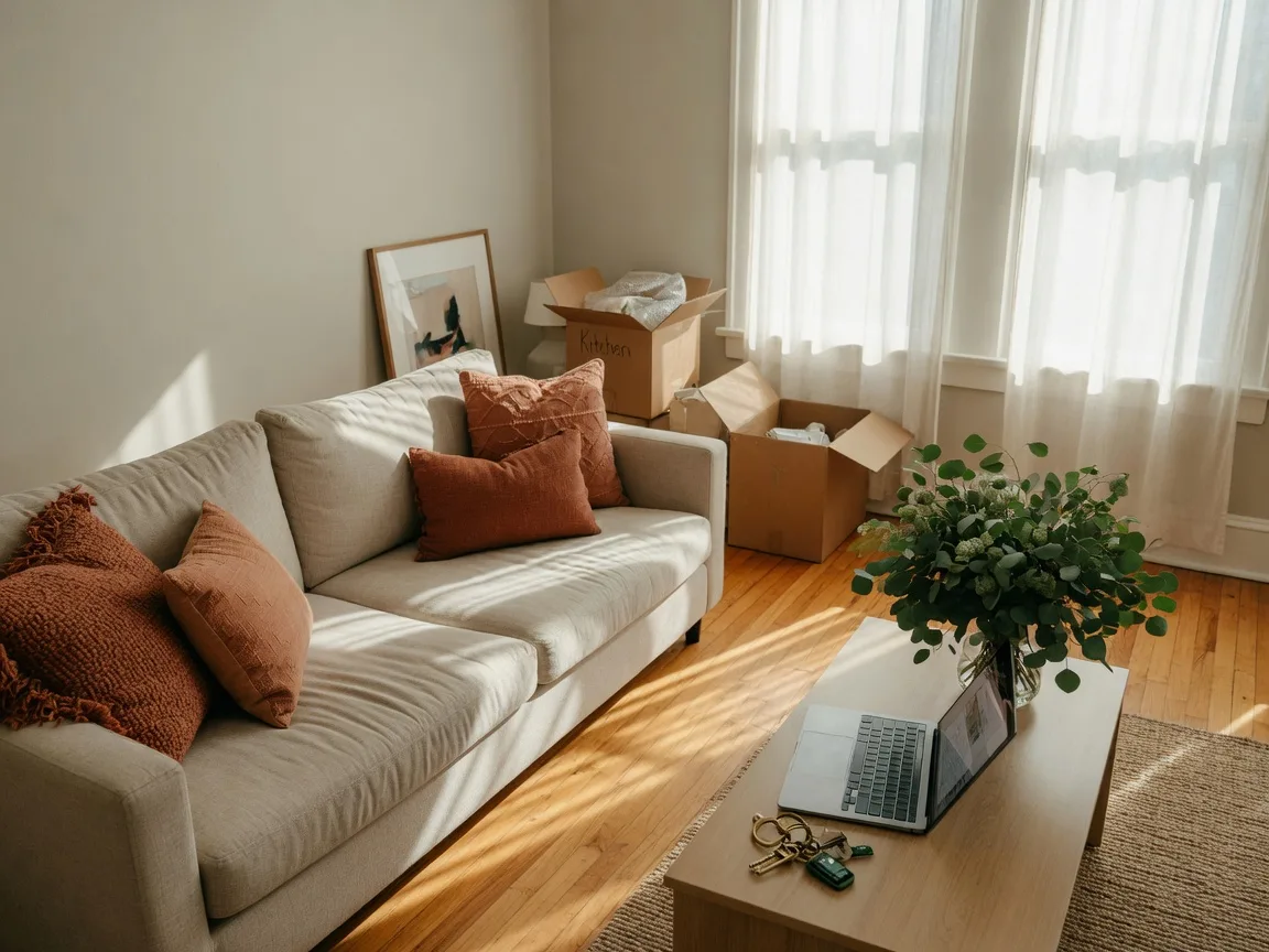 Bright, welcoming living room in a newly purchased Tulsa-area home, ready to be made their own