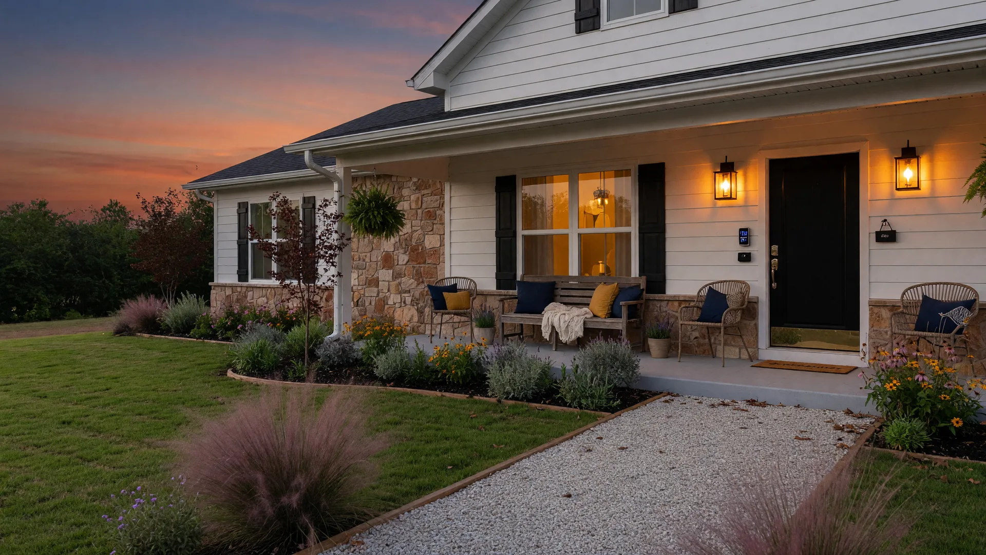 A guest-ready short-term rental home in Broken Arrow, Oklahoma at dusk with warm porch lanterns, a smart lock on the front door, and manicured landscaping