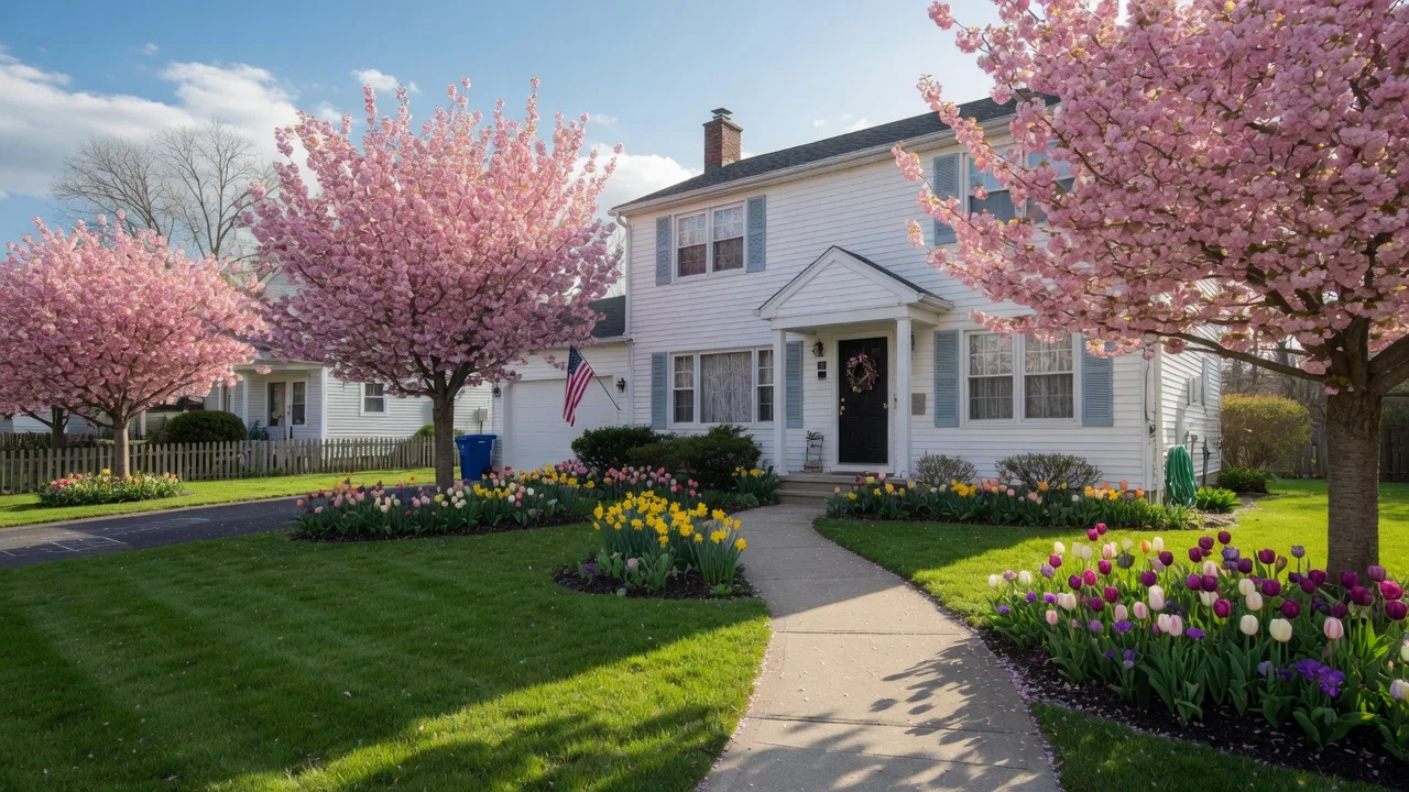 Charming suburban home in South Jersey in early spring with cherry blossom trees in bloom, tulips, and fresh green grass under a bright clear sky
