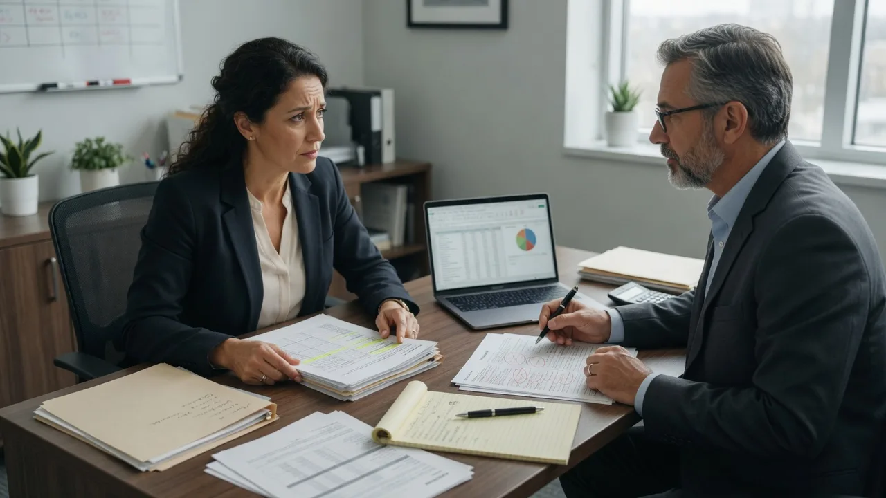 Two people having a serious conversation in a professional office