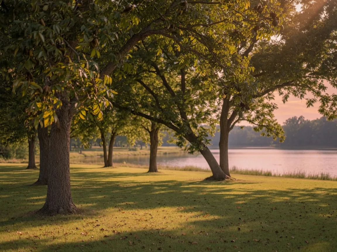 Mature pecan trees at golden hour with lake visible through the branches