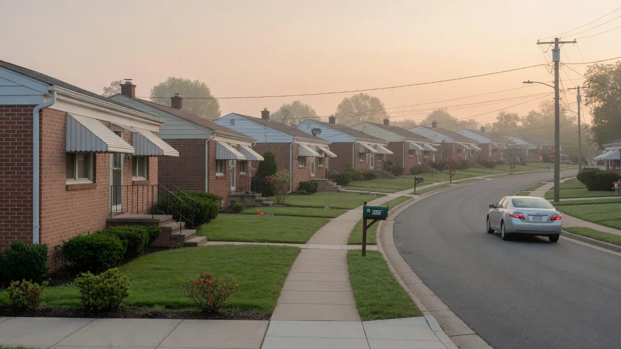 Postwar brick ramblers on a curving suburban street in Temple Hills, Maryland in morning light