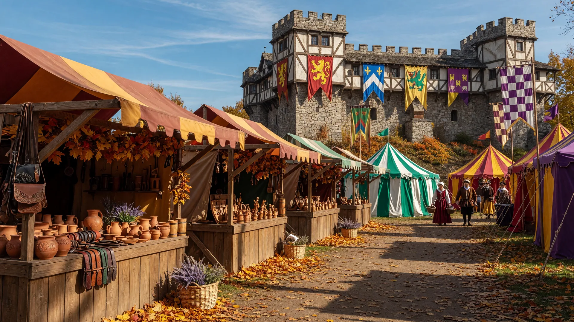 A Renaissance festival village with a timber castle facade, heraldic banners, tournament tents, and market stalls on a bright autumn morning