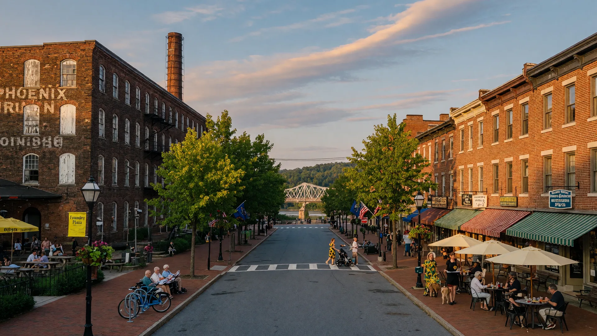 Phoenixville Bridge Street and historic Iron Foundry building on a late summer afternoon