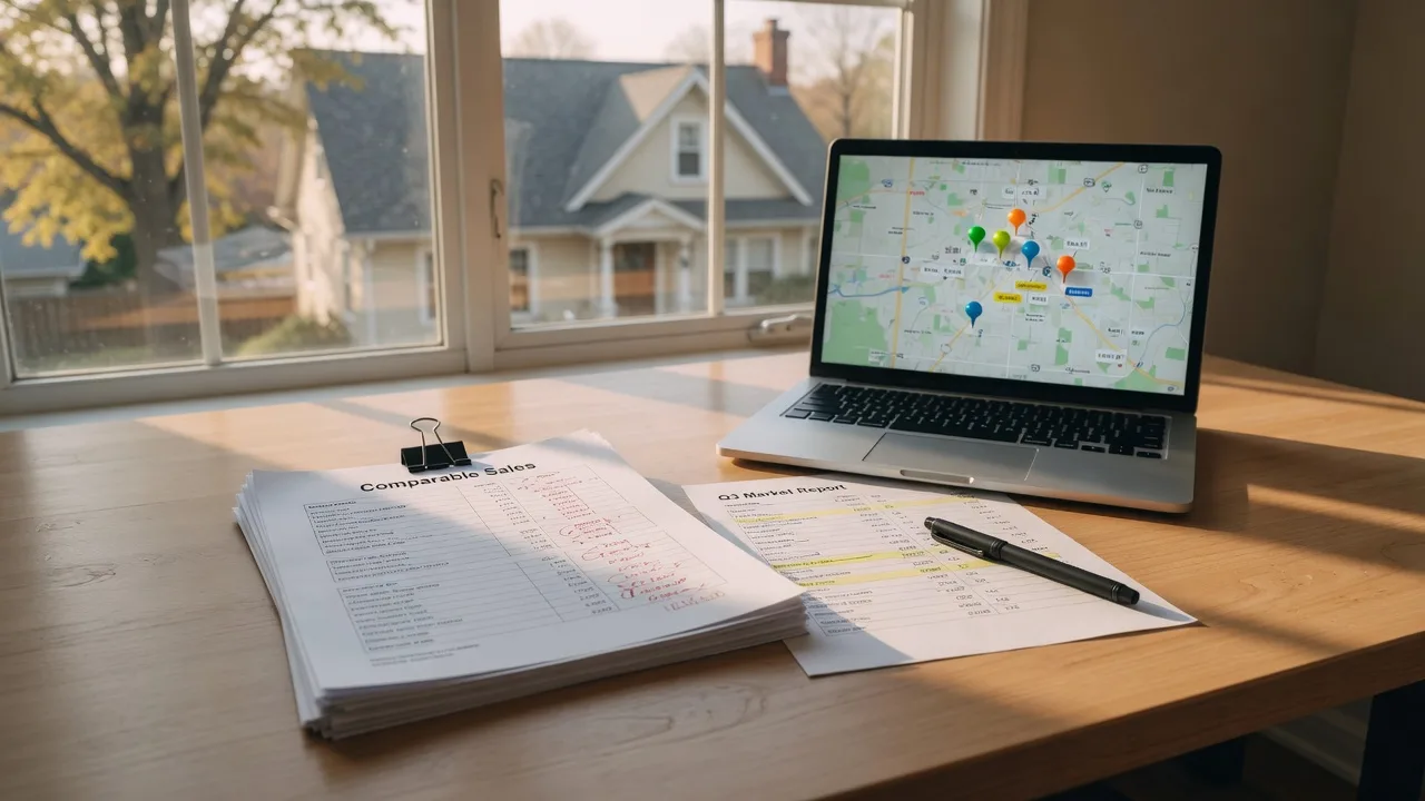 A desk with comparable-sales documents, a printed price list, and a laptop showing home sale data in warm natural light