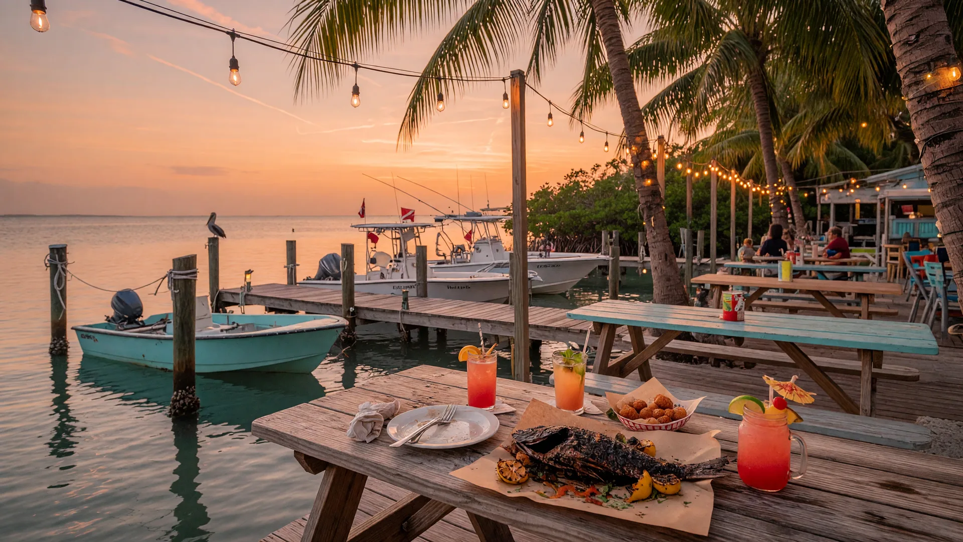 Outdoor waterfront seafood restaurant in the Florida Keys at golden hour with grilled fish, tropical drinks, docks, and string lights over turquoise water