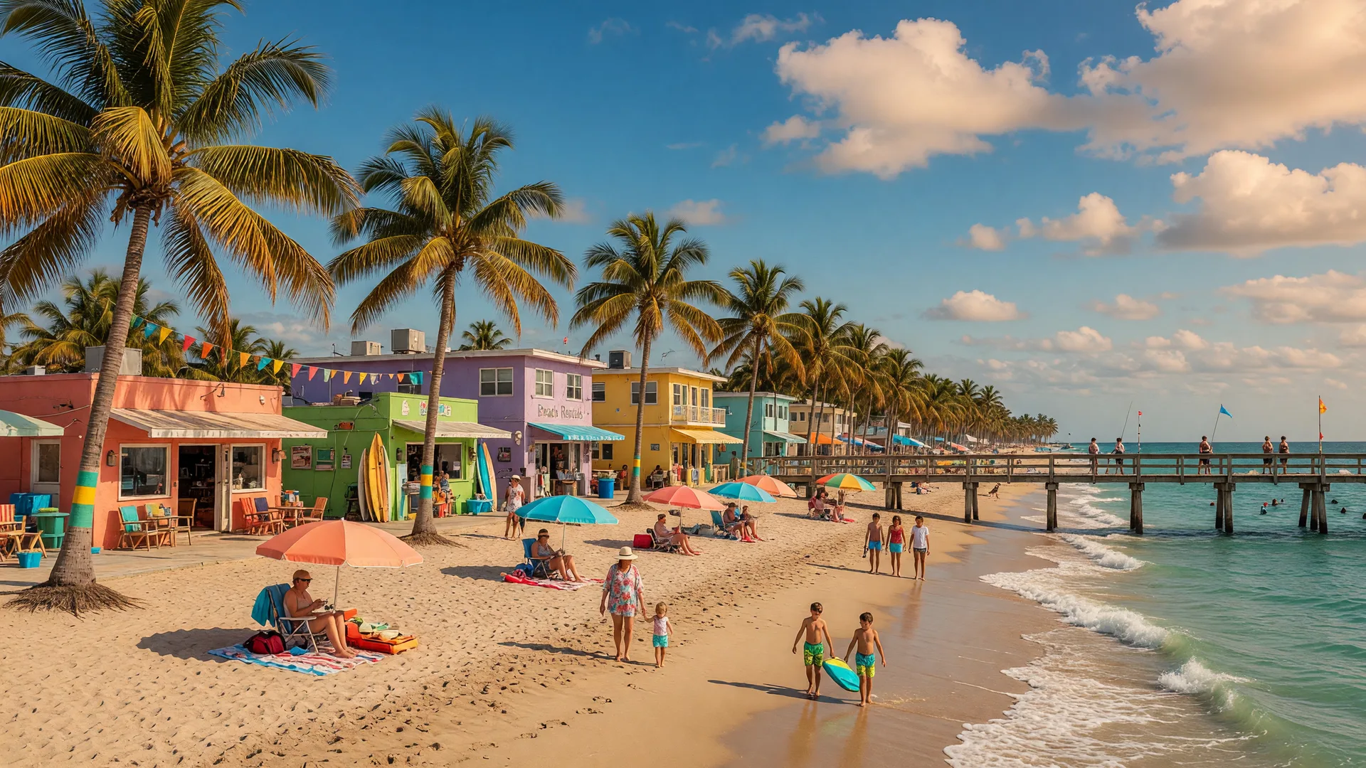 Beautiful South Florida beach town with fishing pier, beachfront shops, and palm trees representing the cheapest beach towns in the area