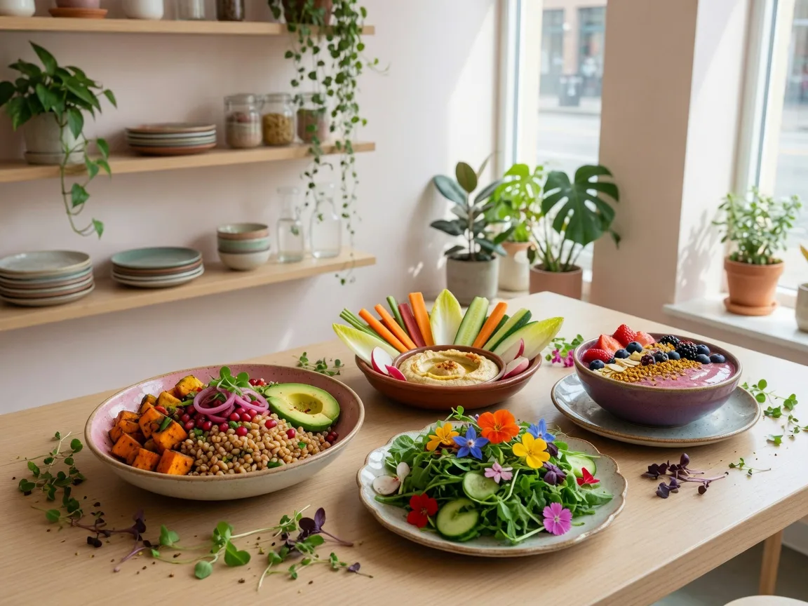 A bright modern plant-based restaurant with colourful vegan bowls on ceramic plates at a light-wood table, representing Mathilda's in downtown Oshawa