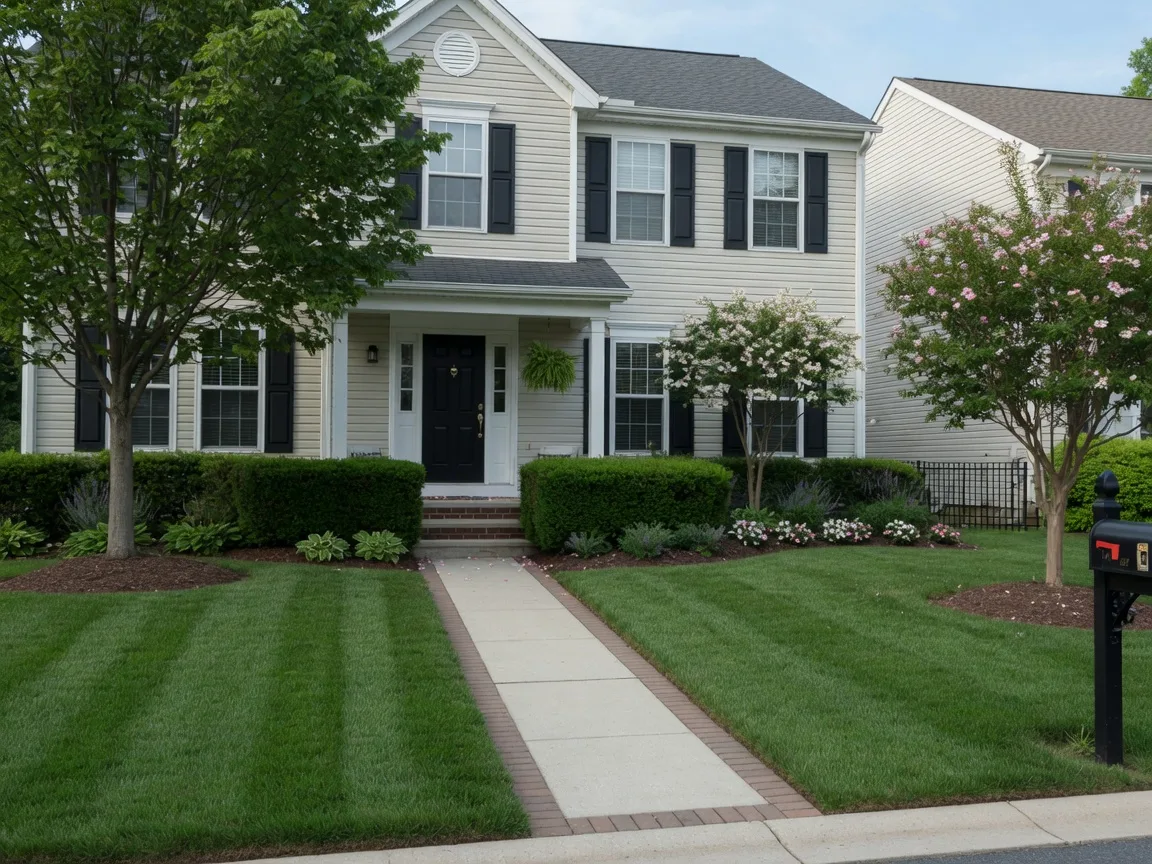 A classic brick colonial home with a manicured lawn in warm evening light