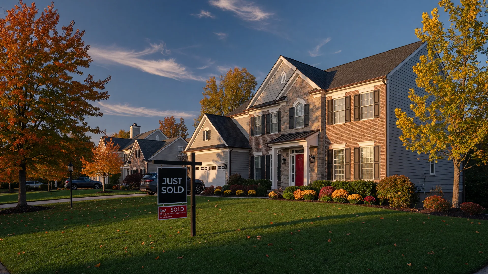 Triangle-area suburban home at golden hour with a just-sold sign in the yard, where about one in three listings takes a price cut in a balanced 2026 market