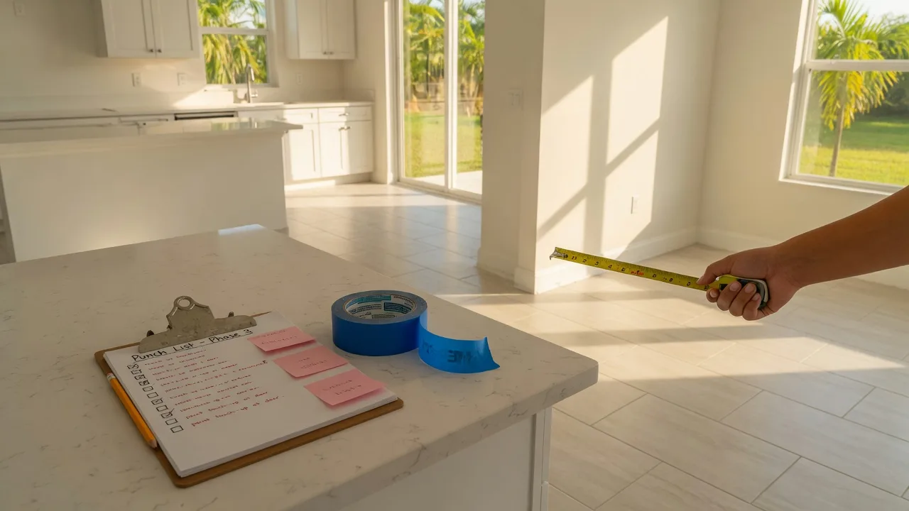 A bright empty new Florida home during a final walkthrough: a punch list clipboard and blue painter's tape on a kitchen counter, warm daylight through large windows.