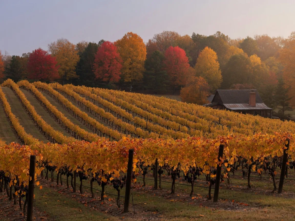 A New Kent County vineyard in autumn, with amber vine rows and hardwood trees at peak fall color