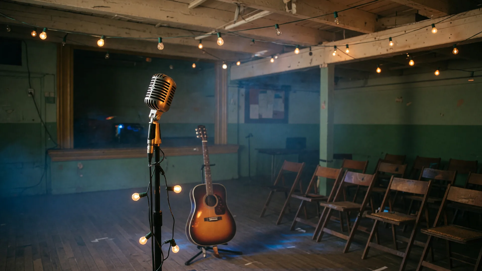A moody small-room stage with string lights over a vintage microphone and an acoustic guitar in a schoolhouse-hall venue