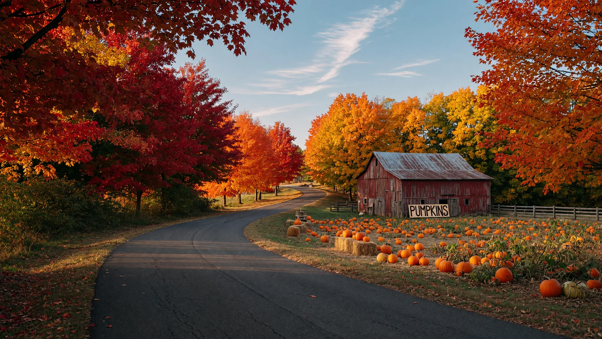 A winding Ohio country road in peak autumn color with maples and oaks in fiery orange and gold, a red barn and pumpkin patch in the distance