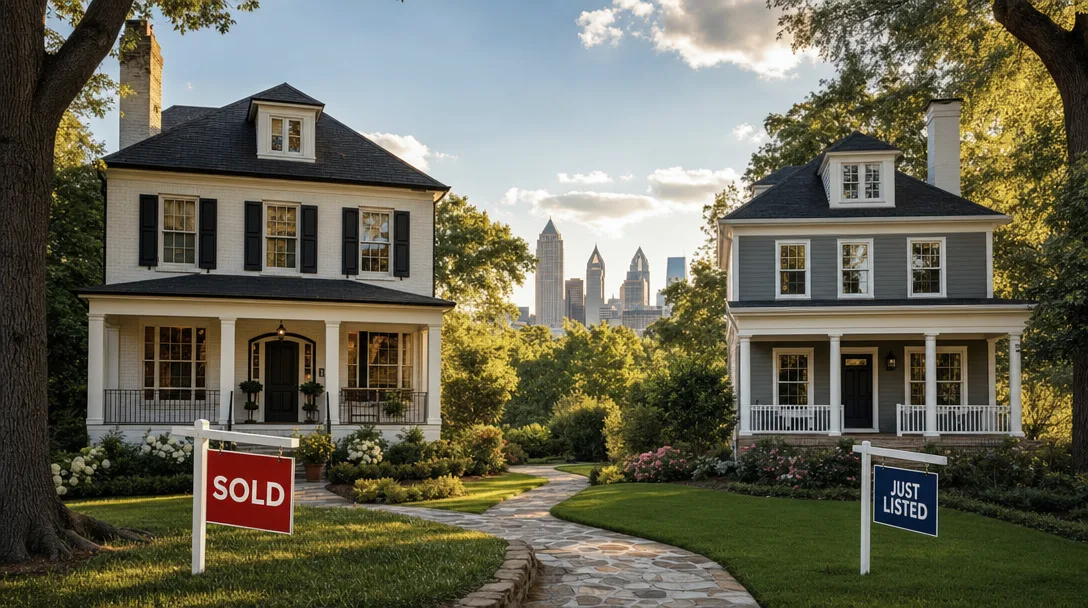 Two Atlanta homes side by side with Sold and Just Listed signs, representing the process of buying and selling simultaneously