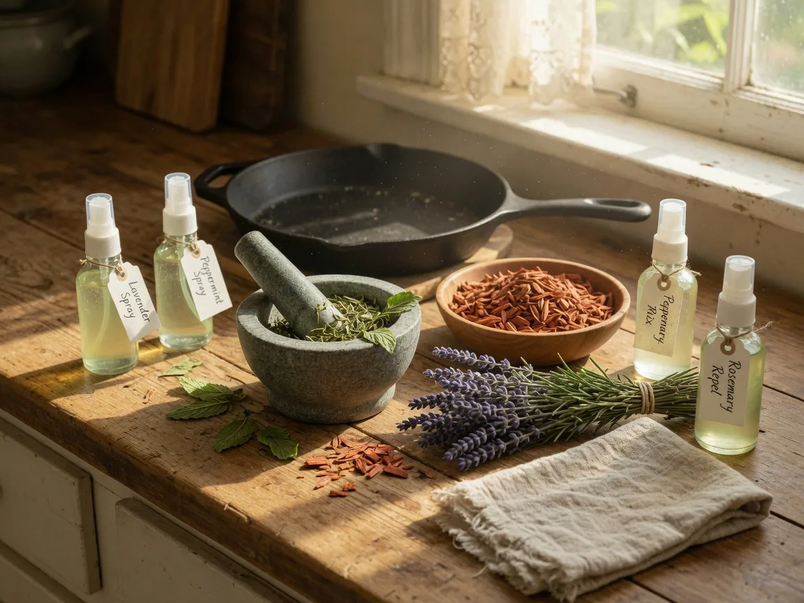 Homemade natural pest remedies on a rustic kitchen counter with herbs, bottles, and cedar chips