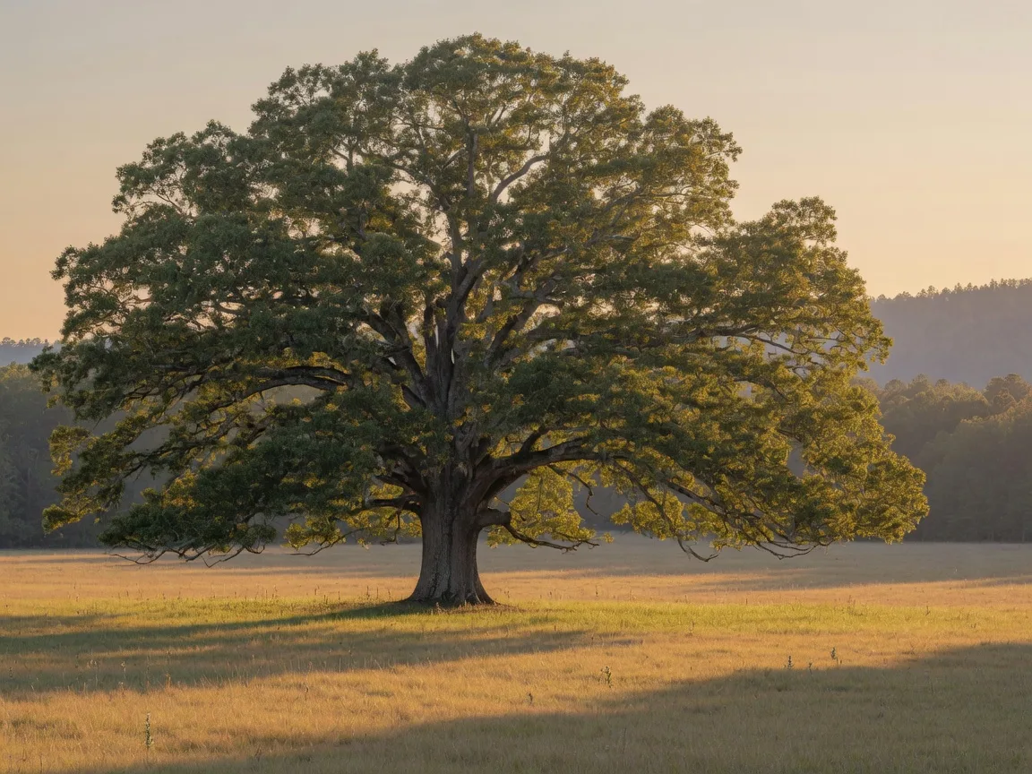 Single large southern oak standing alone in a sunlit North Georgia pasture