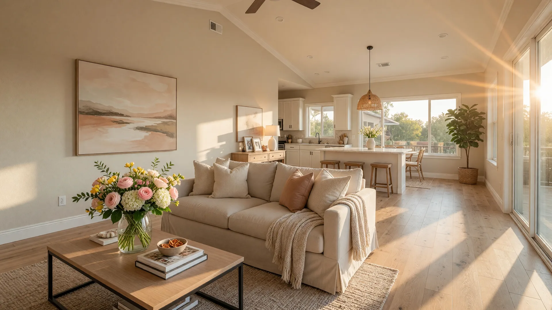 Bright and airy staged living room in a California-style home with natural light and warm neutral tones