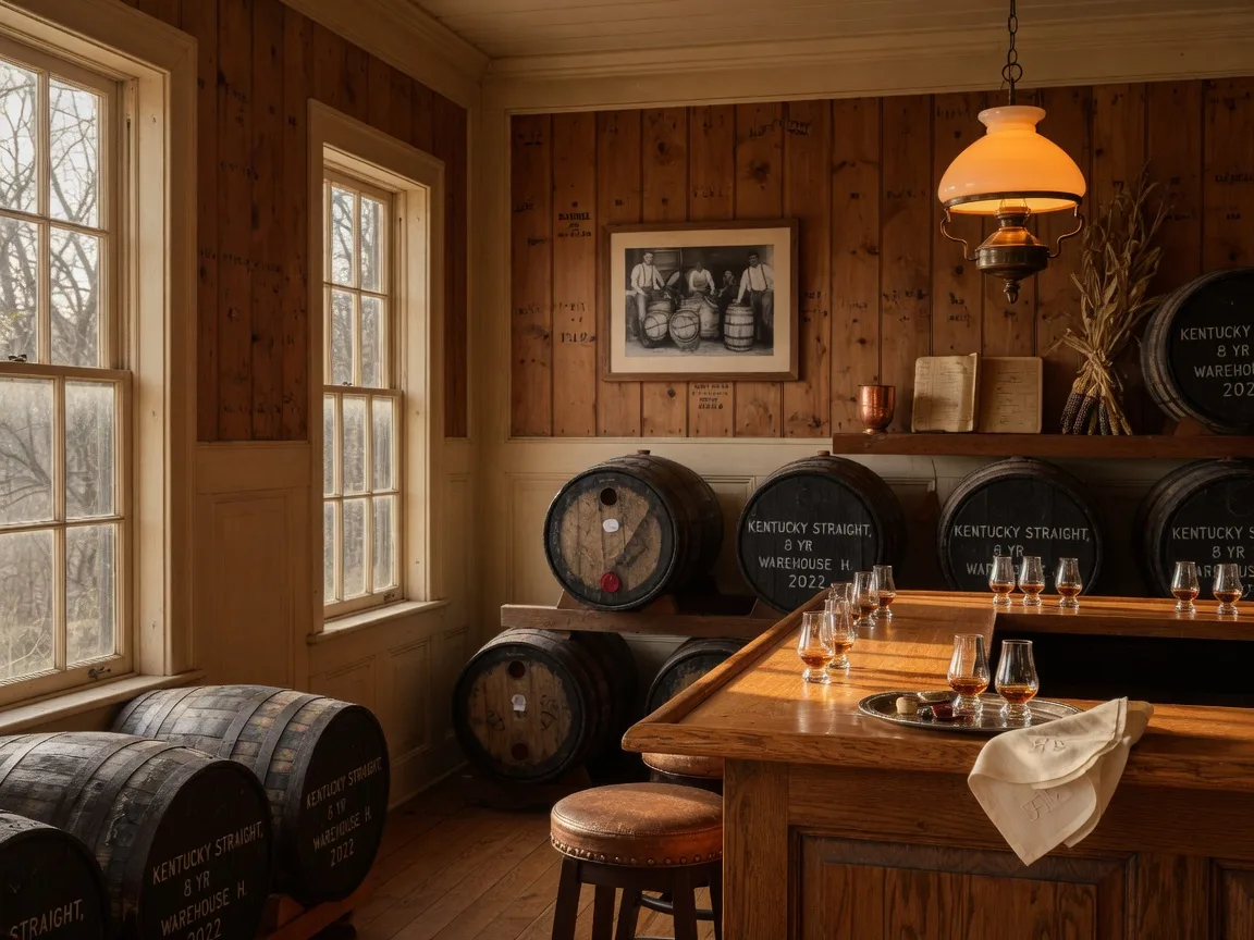 Cozy Kentucky tasting room with warm wood paneling and heritage barrels