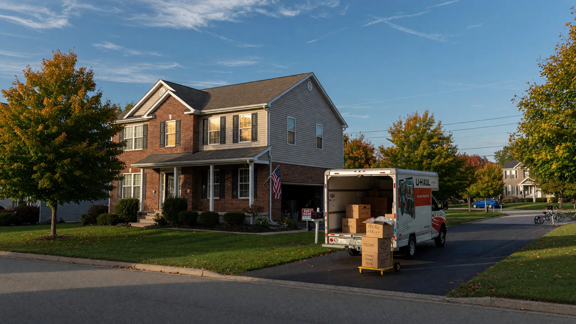 A moving truck parked in the driveway of a two-story suburban home with trees beginning to show fall color in Lake County, Ohio