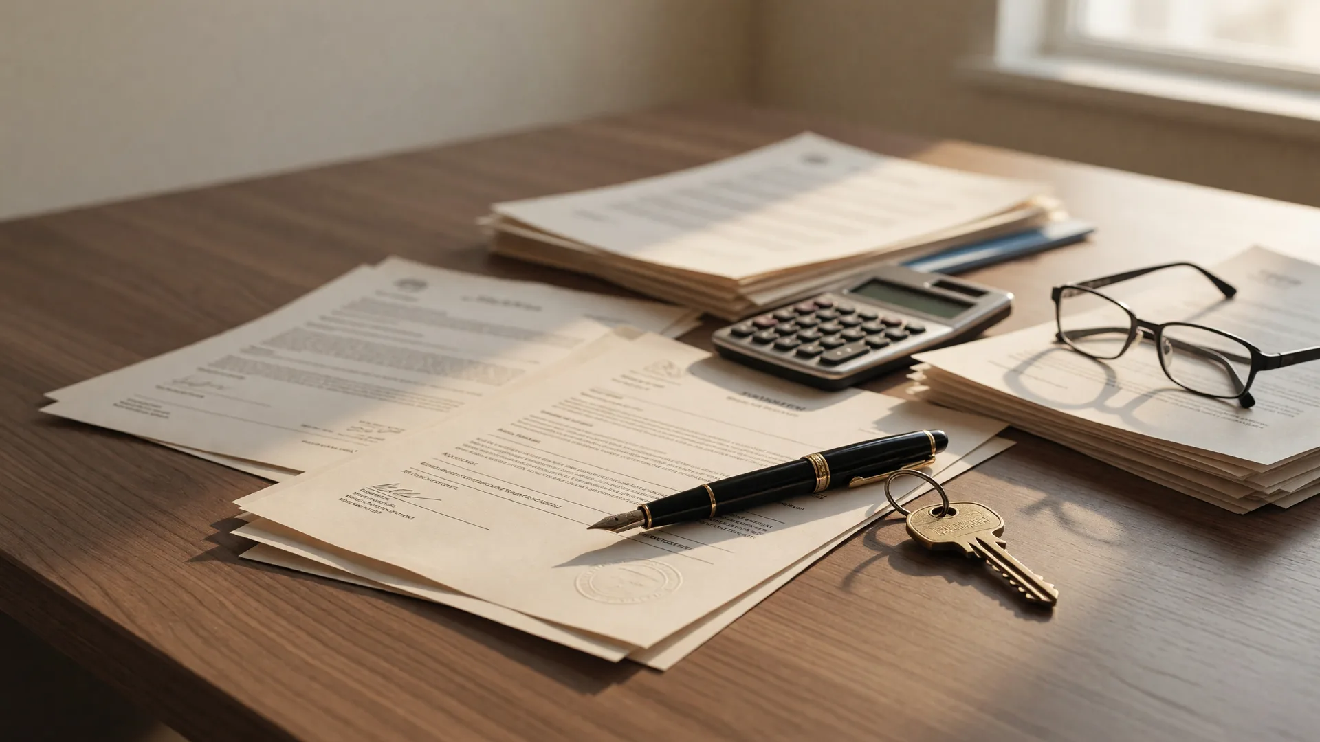 An editorial still life of a real estate contract on a wooden desk with a fountain pen, calculator, and brass house key in warm window light