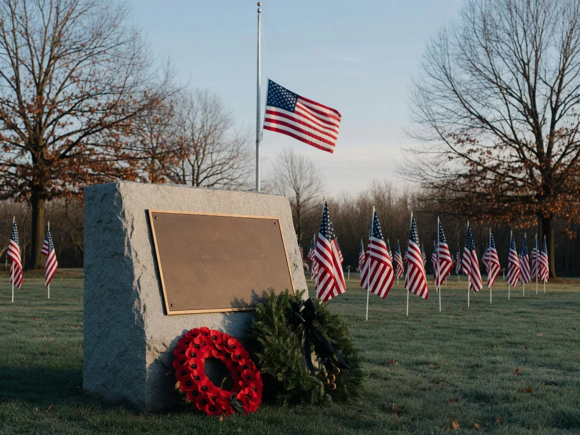 An American flag flying at half-staff over a Pennsylvania township war memorial park on a clear November morning, with a granite memorial stone and evergreen and poppy wreaths