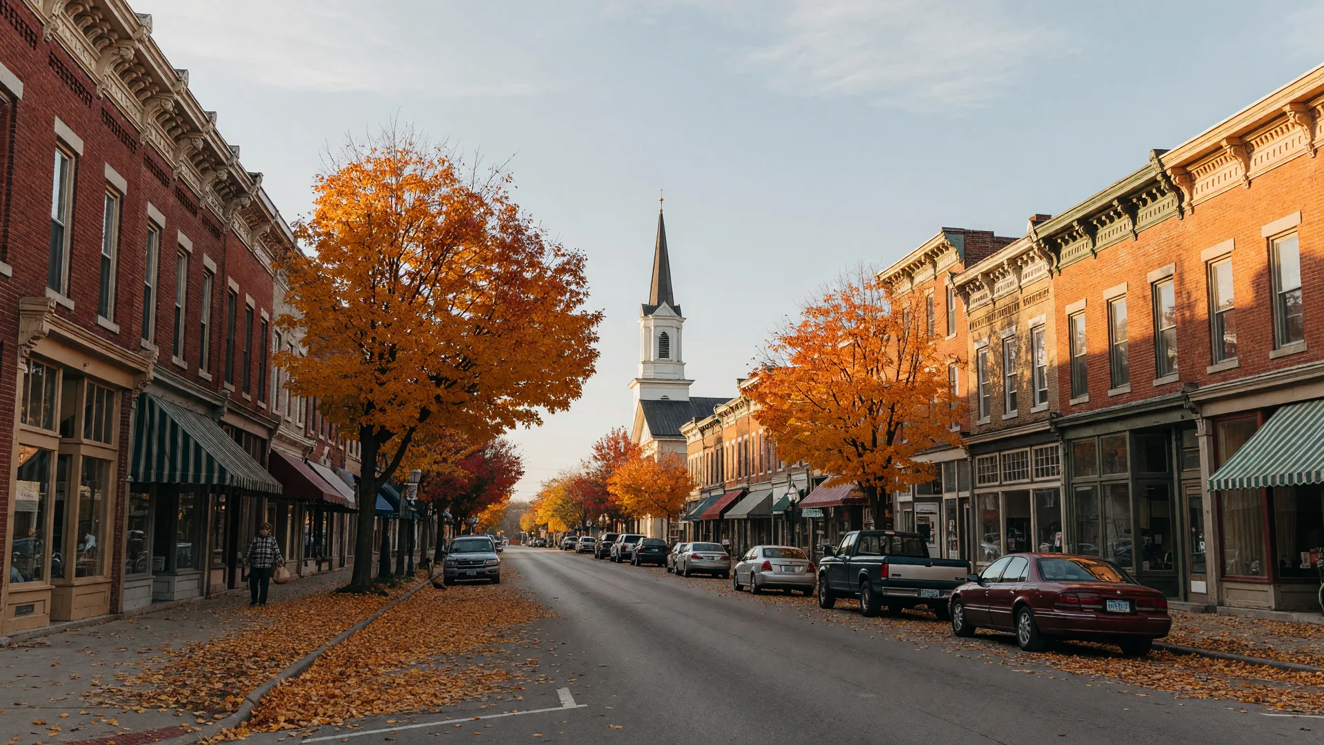 A historic Ohio small-town downtown main street in late autumn, preserved 19th-century brick storefronts with a distant steeple, mature maples turning orange and gold along the sidewalk in warm golden-hour light