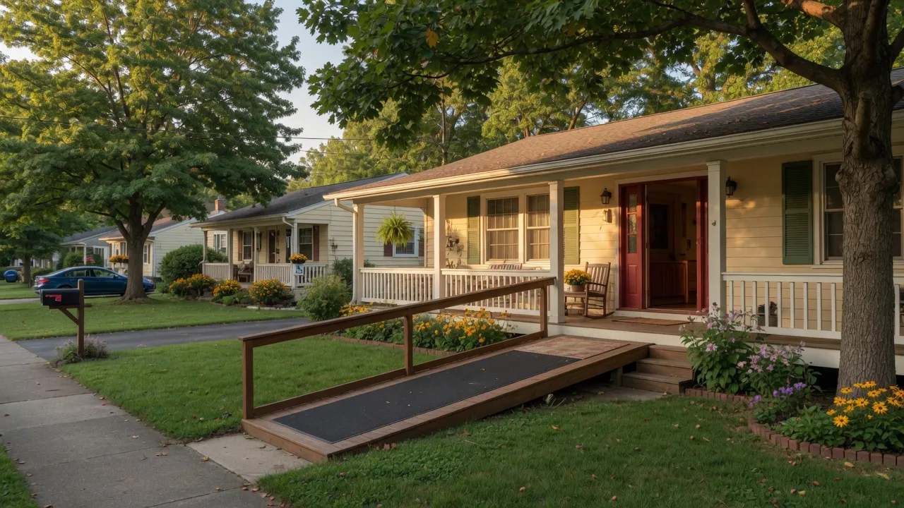 Single-level ranch home with covered porch and accessible entrance in a Virginia neighborhood