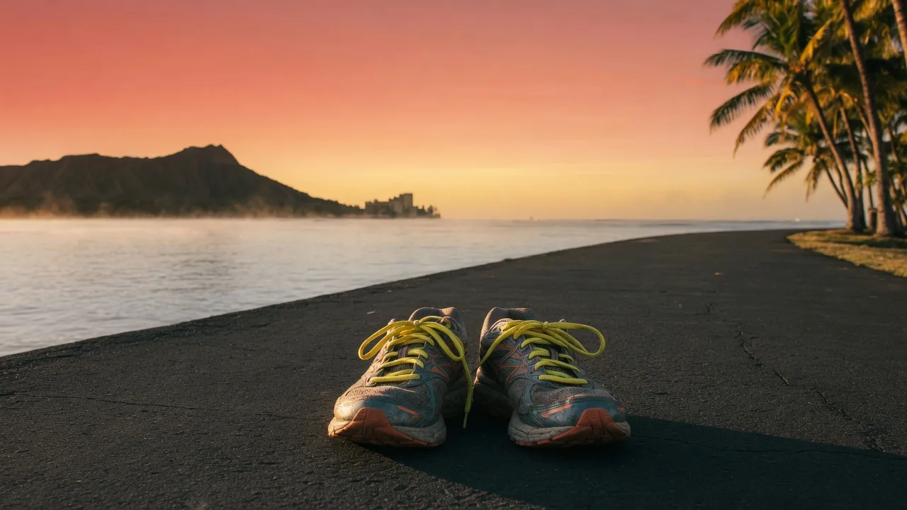 Running shoes with tied race bib laces resting on a Honolulu coastal running path at sunrise, with Diamond Head in the distance
