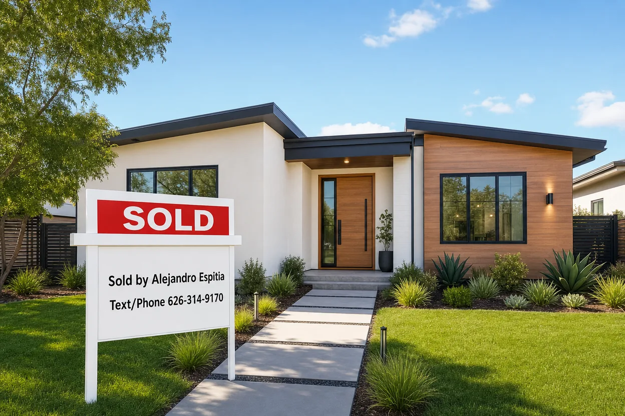 The front of a modern home with a green yard and a real estate SOLD sign reading "Sold by Alejandro Espitia"